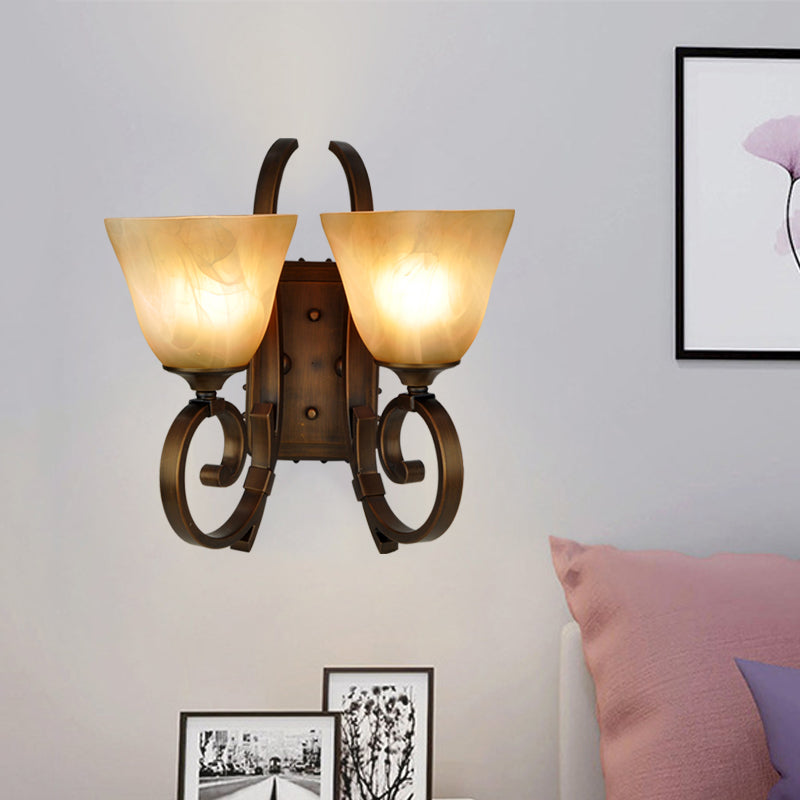 Traditional Bell Sconce Lighting 2 Bulbs Frosted Glass Wall Mounted Lamp in Bronze with Scrolling Arm