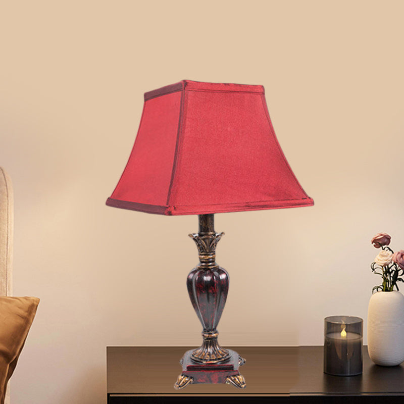 Country Pagoda Table Light 1 Bulb Fabric Night Lighting in Red with Resin Font Base for Bedside
