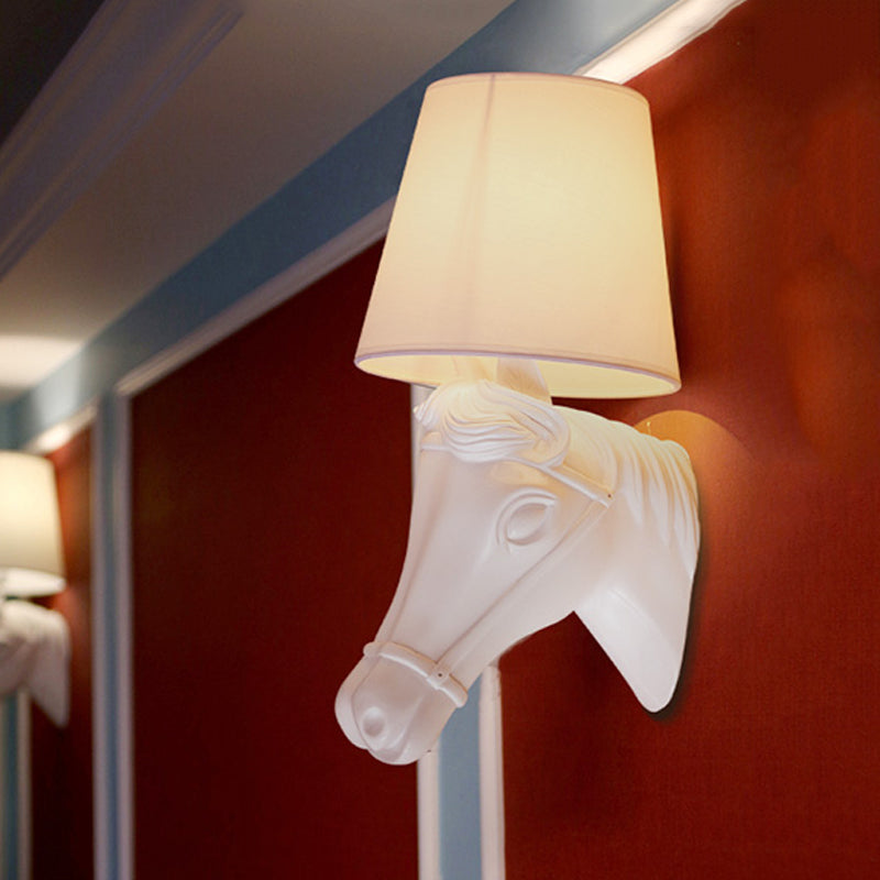 Antique Barrel Sconce Wall Light 1 Bulb Fabric Wall Lamp Shade in White with Resin Horse Head Design