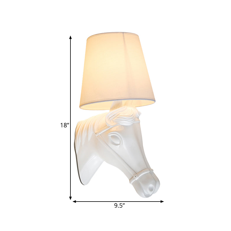 Antique Barrel Sconce Wall Light 1 Bulb Fabric Wall Lamp Shade in White with Resin Horse Head Design