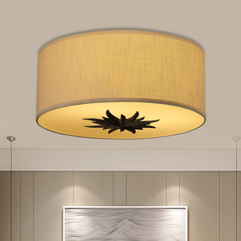 Drum Dining Room Ceiling Lamp Rustic Fabric 3 Bulbs Grey/Beige Flush Mount Lighting with Floral Pattern