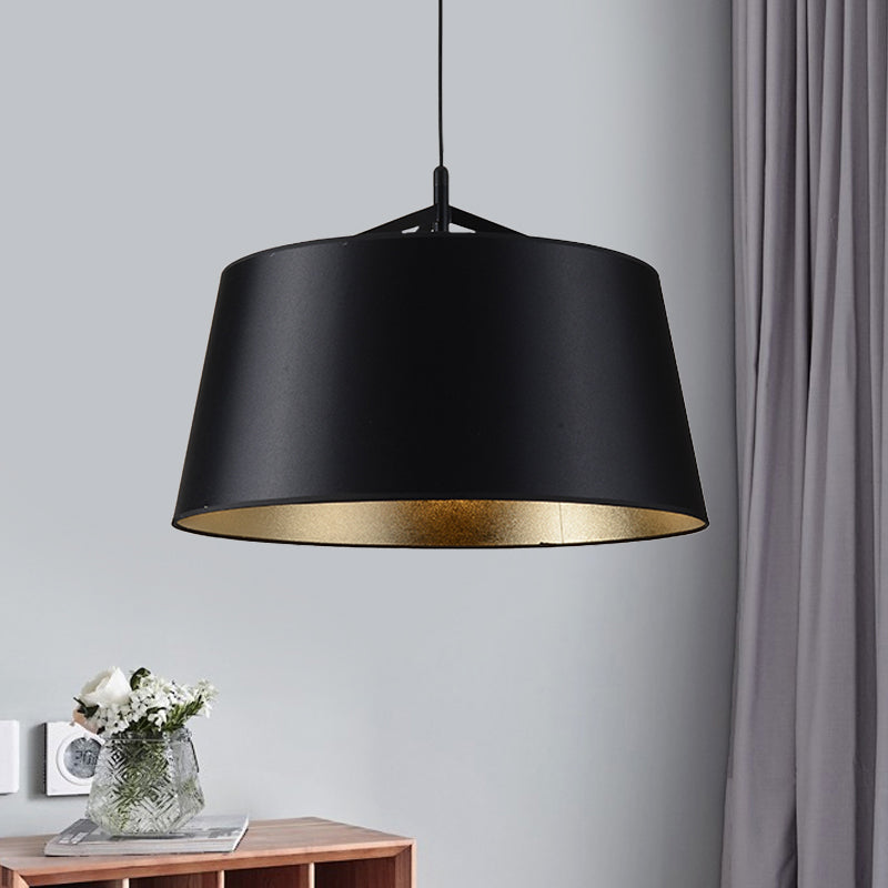 1-Bulb Hanging Light Kit Rural Dining Room Suspension Pendant with Tapered Drum Fabric Shade in Black, 16.5"/23.5" Wide
