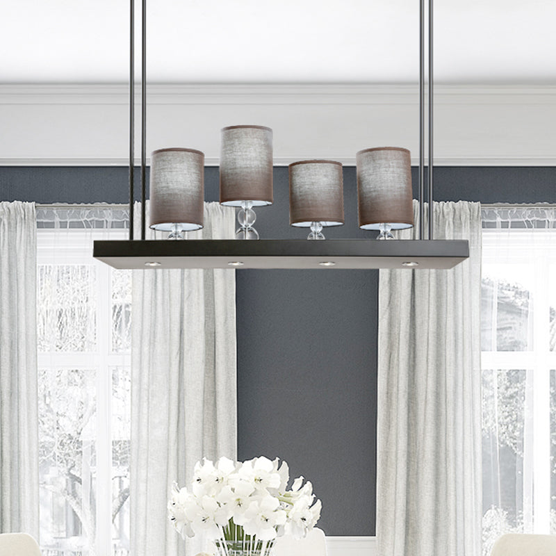 Black Cylinder Island Light Fixture Traditional Fabric 4-Bulb Dining Room Hanging Pendant with Metal Linear Shelf
