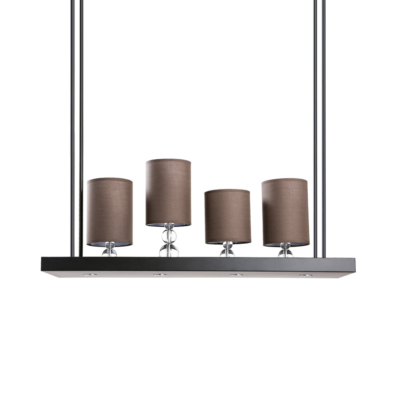 Black Cylinder Island Light Fixture Traditional Fabric 4-Bulb Dining Room Hanging Pendant with Metal Linear Shelf