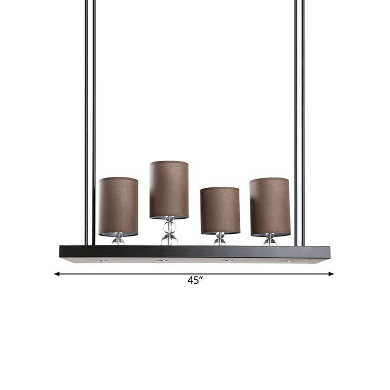 Black Cylinder Island Light Fixture Traditional Fabric 4-Bulb Dining Room Hanging Pendant with Metal Linear Shelf