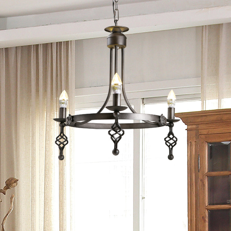 IJzeren Zwarte afwerking Hangende kroonluchter Candelabra 3-licht Rustieke ophanging Hanglamp met Circle Design