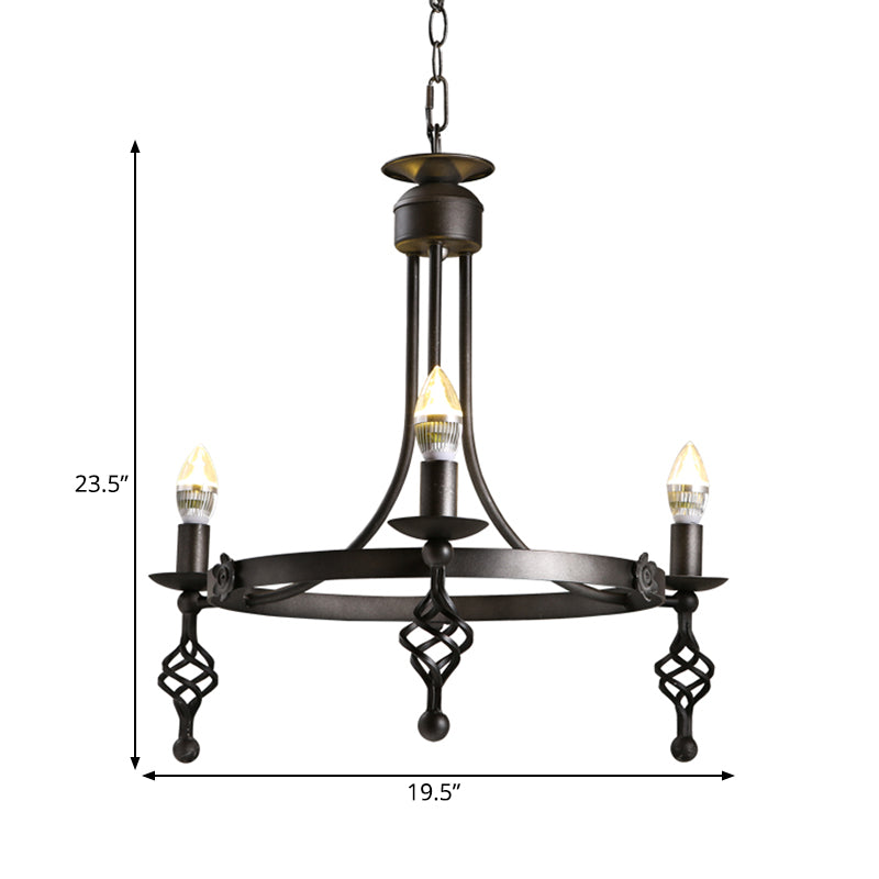 IJzeren Zwarte afwerking Hangende kroonluchter Candelabra 3-licht Rustieke ophanging Hanglamp met Circle Design