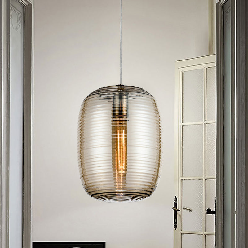 Simple Cylindrical Hanging Light Cognac Wavy Glass Single Dining Room Drop Pendant