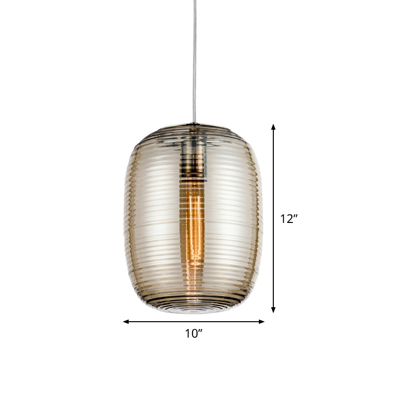 Simple Cylindrical Hanging Light Cognac Wavy Glass Single Dining Room Drop Pendant