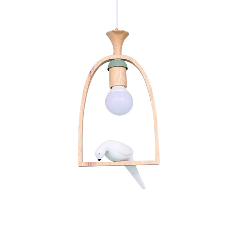Single Dinette Hanging Pendant Nordic Green/White Ceiling Light with Arch Wood Frame and Bird Decoration