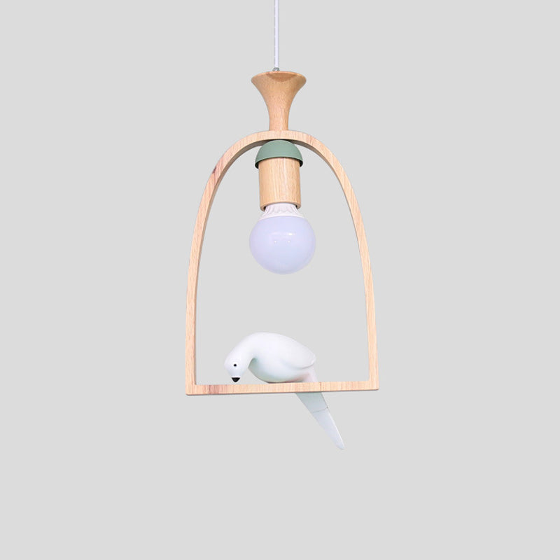Single Dinette Hanging Pendant Nordic Green/White Ceiling Light with Arch Wood Frame and Bird Decoration