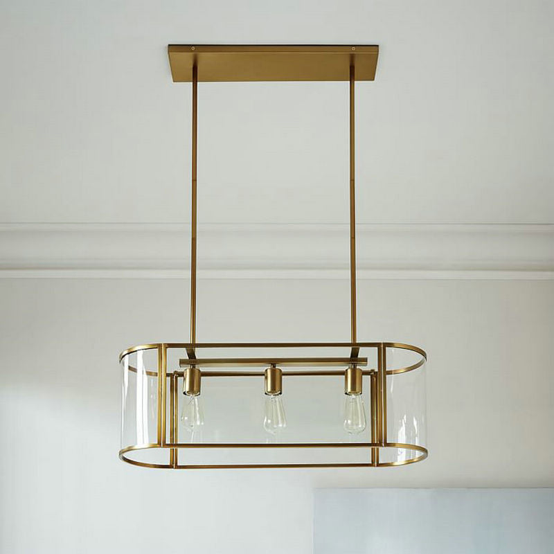Oval Cage Pendant Ceiling Light Mid Century Translucent Glass 3 Heads Gold Suspended Lighting Fixture over Table