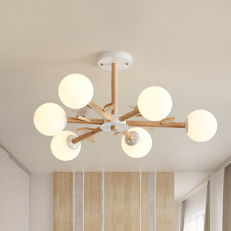 Radial Ceiling Mount Chandelier Nordic Wood 3/6-Bulb Bedroom Semi Mount Lighting with White Glass Shade and Bird Decor