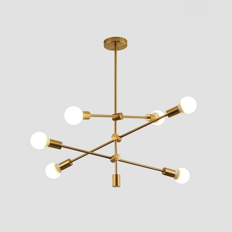 Gold Tiered Rod Adjustable Semi Flush Postmodernism 6-Light Iron Ceiling Mount Light with Open Bulb Design