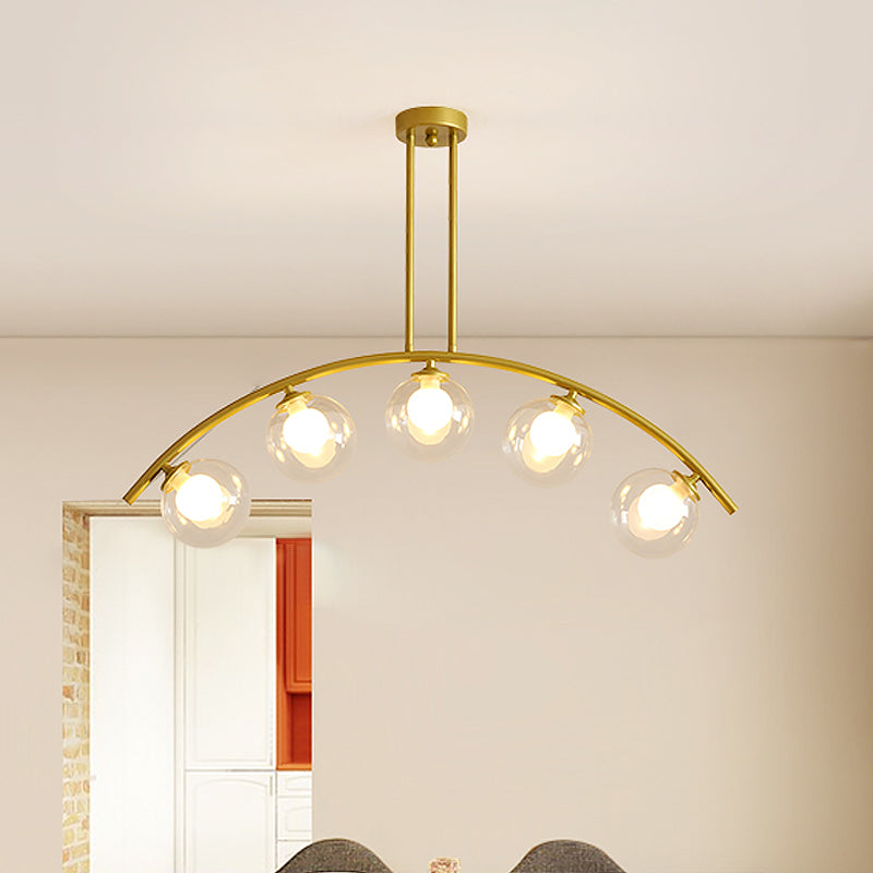 White/Clear Glass Orb Island Lamp Modernist 5 Bulbs Pendant Lighting with Brass Arch Arm for Dining Room