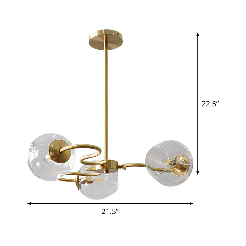Wervelende flush mount kroonluchter postmoderne transparant glas 3-licht slaapkamer semi-montage verlichting in messing