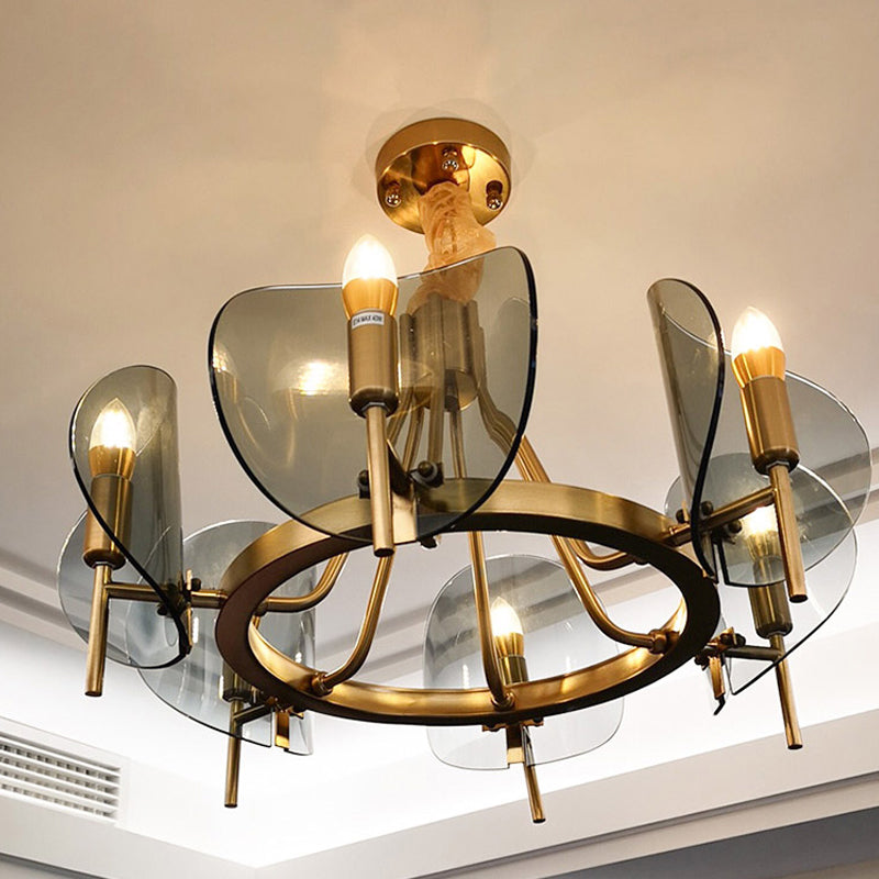 Curved Sheet Chandelier Lamp Mid-Century Clear Glass 6/8-Bulb Gold Hanging Light Fixture with Open Bulb Design