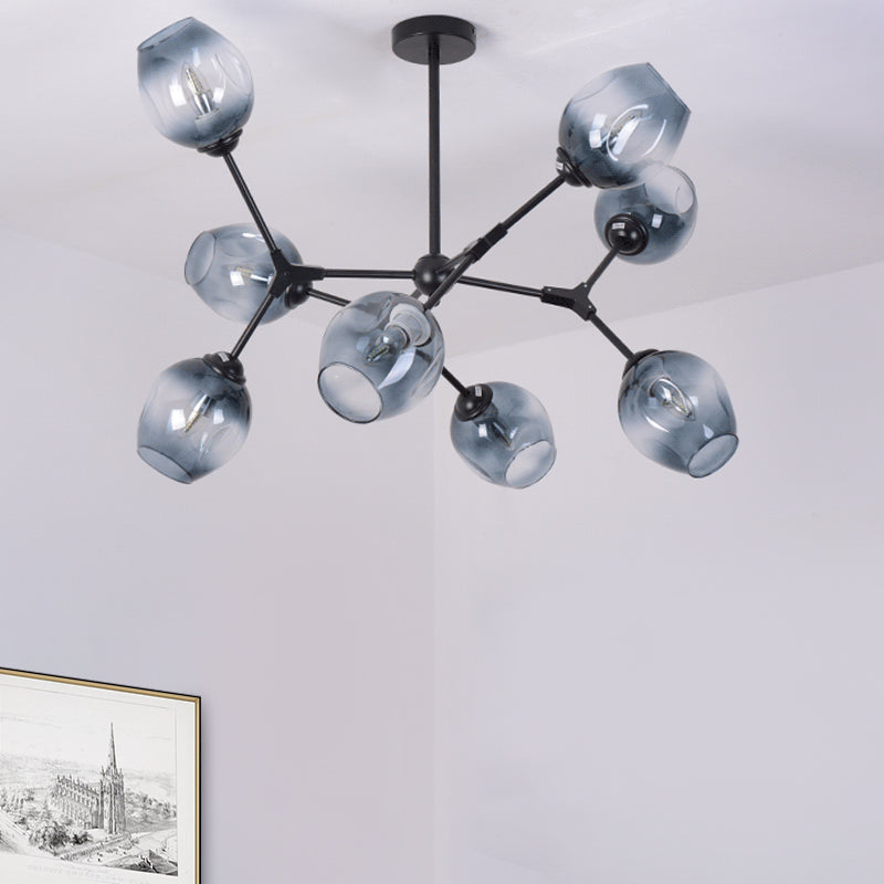 Degradado de cristal azul ramificado de semi-ras Modernismo 8-Cabeza de montaje de techo de montaje de Candelabro para sala de estar