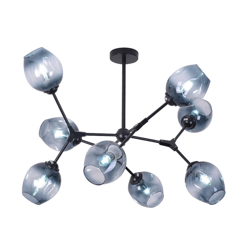 Degradado de cristal azul ramificado de semi-ras Modernismo 8-Cabeza de montaje de techo de montaje de Candelabro para sala de estar