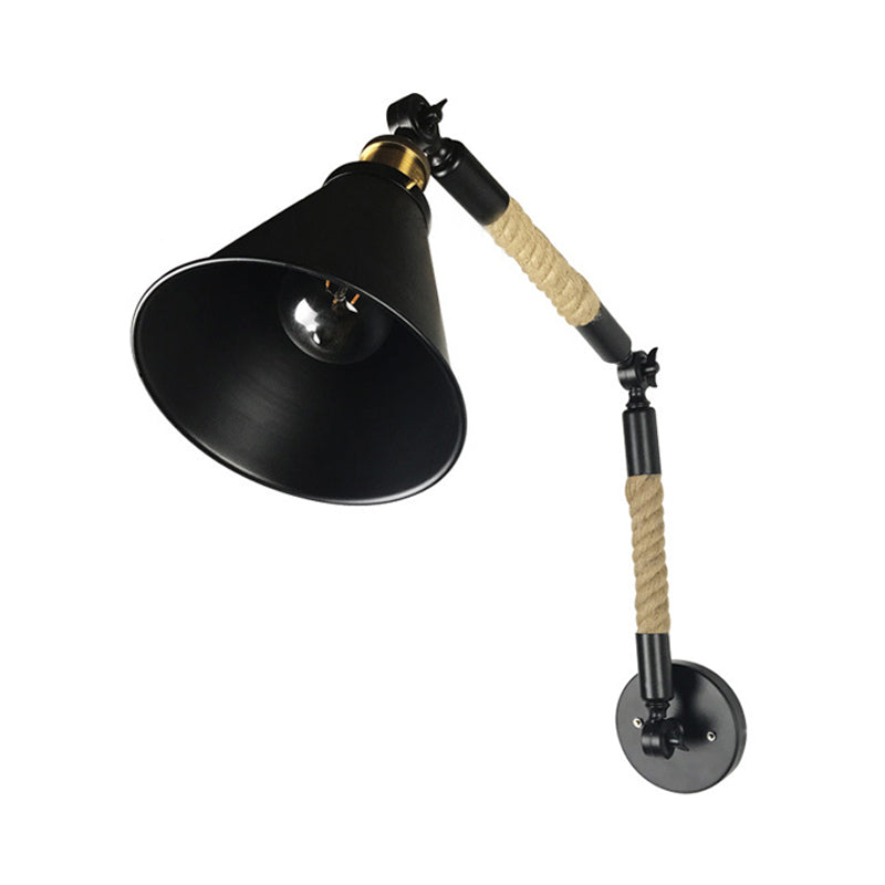 Kegelschlafzimmer Wandmontage Beleuchtung Vintage Style Metal und Seil 1 Glühbirne Schwarze Leuchtenleuchte