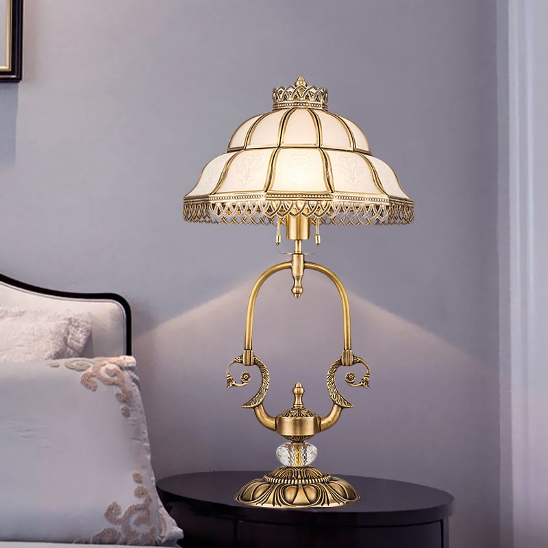 1/2-Light Dome/Bowl Night Lamp Traditional Gold Finish White Glass Nightstand Light with Peacock/Elliptical Frame Design