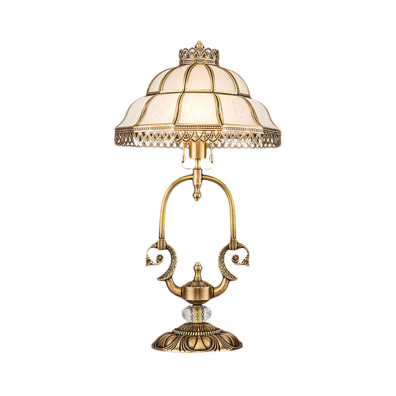 1/2-Light Dome/Bowl Night Lamp Traditional Gold Finish White Glass Nightstand Light with Peacock/Elliptical Frame Design