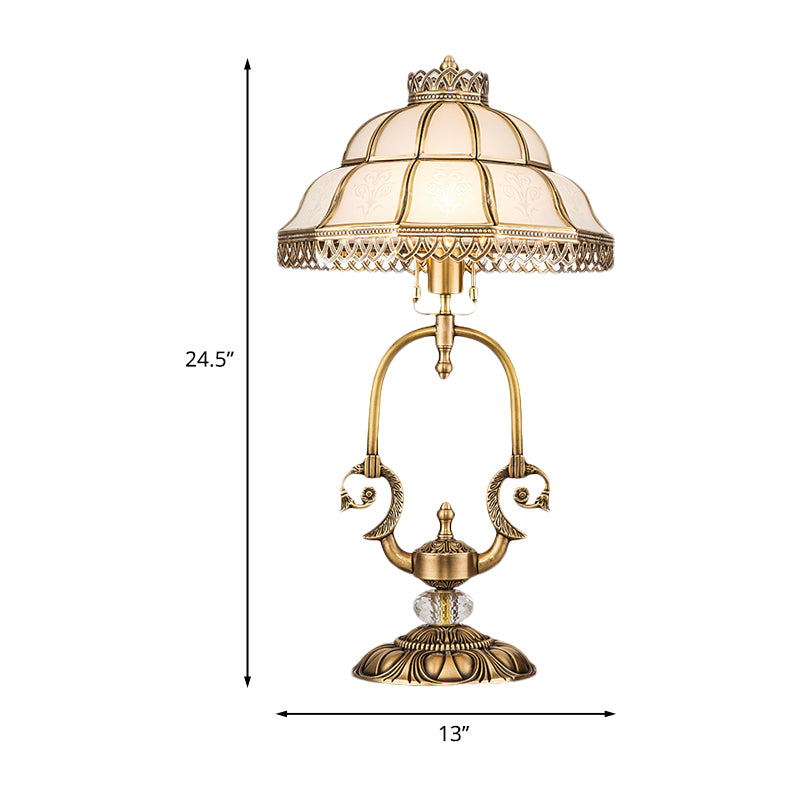 1/2-Light Dome/Bowl Night Lamp Traditional Gold Finish White Glass Nightstand Light with Peacock/Elliptical Frame Design