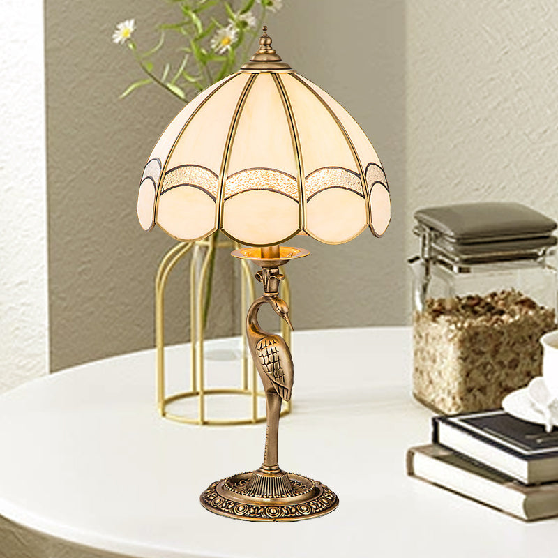 1/2-Light Dome/Bowl Night Lamp Traditional Gold Finish White Glass Nightstand Light with Peacock/Elliptical Frame Design