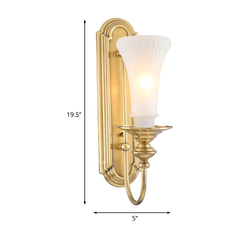1/2-Bulb Bell Wall Sconce Lamp Colonial Gold Frosted White Glass Wall Light with Metal Gooseneck Arm