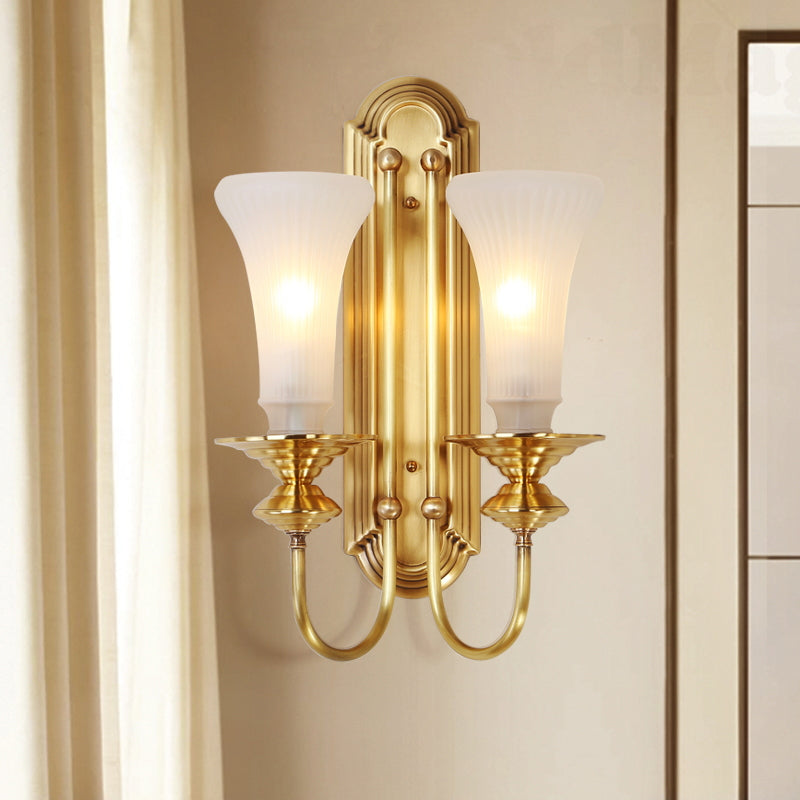 1/2-Bulb Bell Wall Sconce Lamp Colonial Gold Frosted White Glass Wall Light with Metal Gooseneck Arm