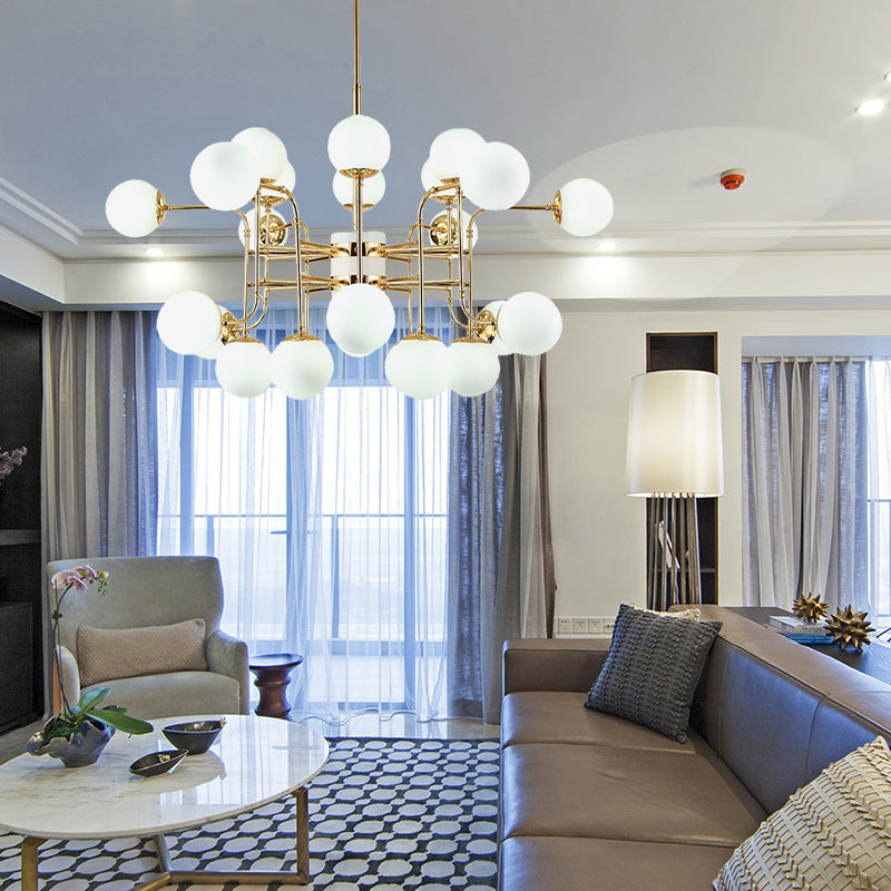 16.12.24 Lichter Kronleuchter zeitgenössischer Goldhängelampe mit Ball Opalglas Schatten