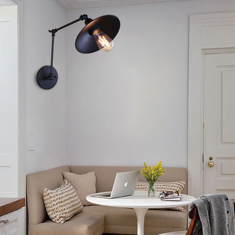 Metal Black/White Wall Sconce Swing Arm 1 Light Living Room Sconce Light Fixture with Saucer Shade