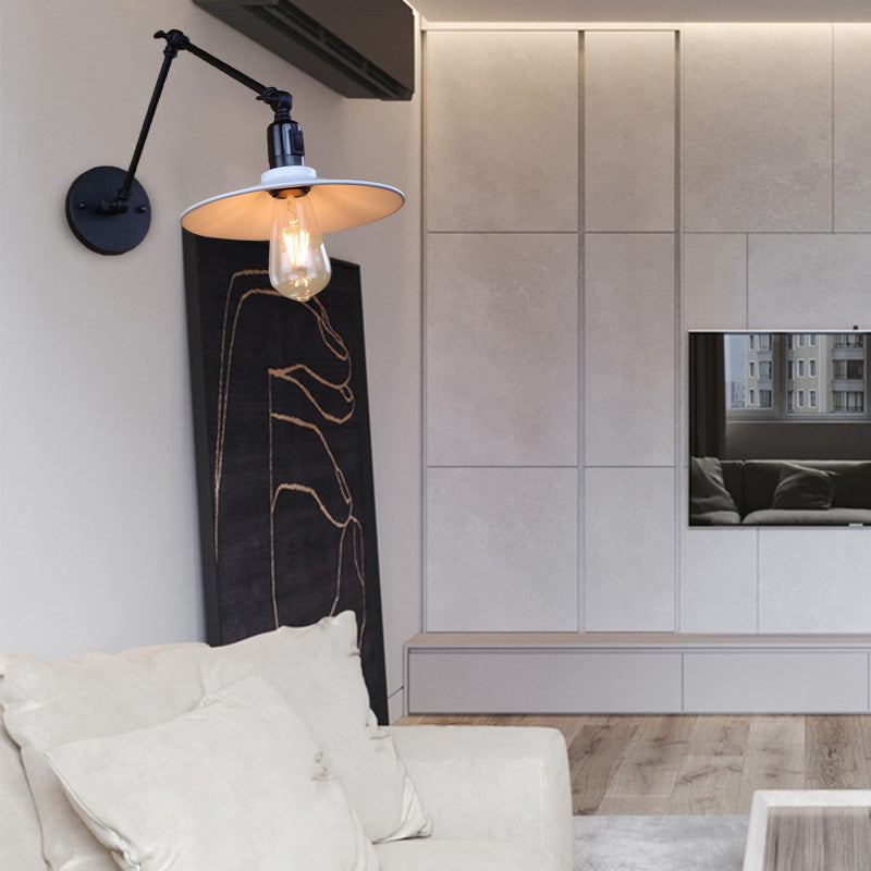 Metal Black/White Wall Sconce Swing Arm 1 Light Living Room Sconce Light Fixture with Saucer Shade