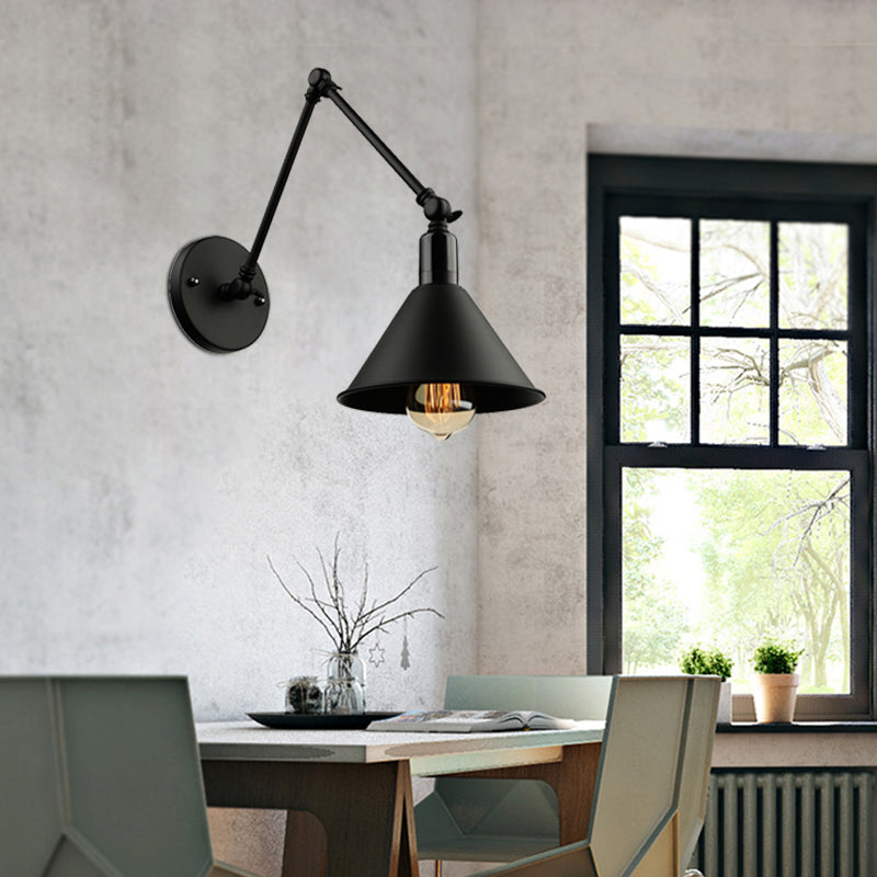 1 Kopfwandlampe mit konischer Schatten und Schwung Arm Metallic Loft Style Innenleuchte in Schwarz/Weiß