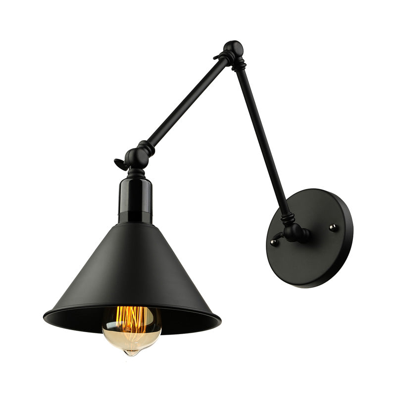 1 Kopfwandlampe mit konischer Schatten und Schwung Arm Metallic Loft Style Innenleuchte in Schwarz/Weiß