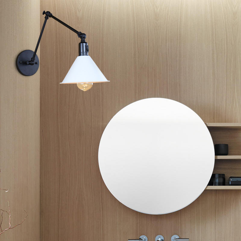 1 Kopfwandlampe mit konischer Schatten und Schwung Arm Metallic Loft Style Innenleuchte in Schwarz/Weiß