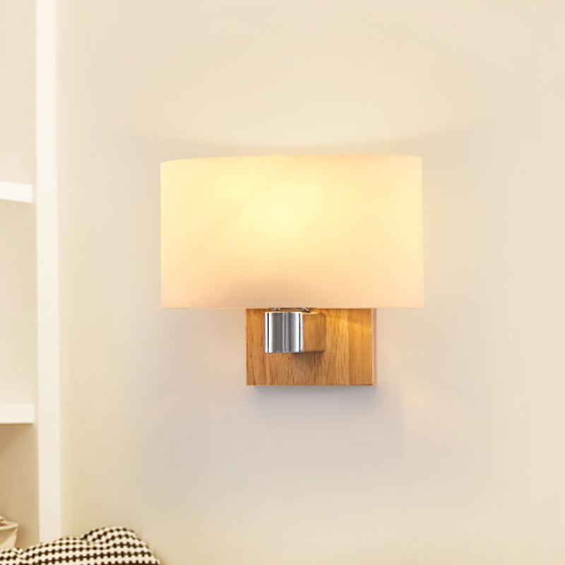 One Bulb Wall Light with Rectangle Shade Opal Glass Nordic Living Room Sconce Lighting Fixture with Wood