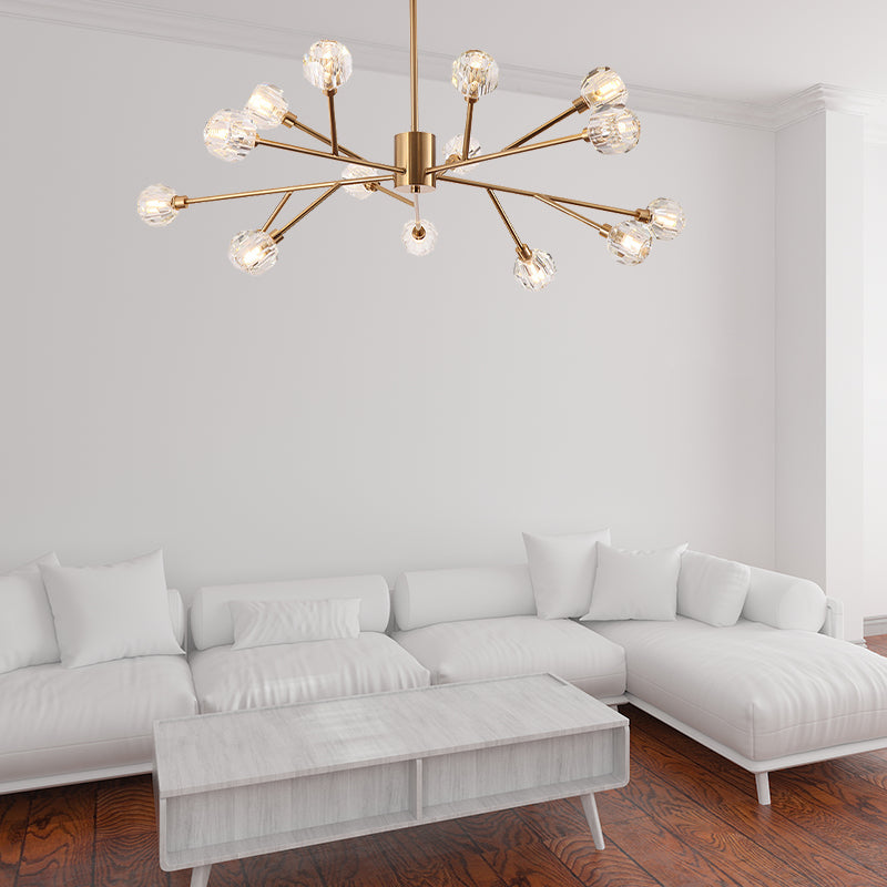 Clear Glass Faceted Chandelier Post Modern 9/12/15 Lights Gold Led Hanging Light with Sputnik Design