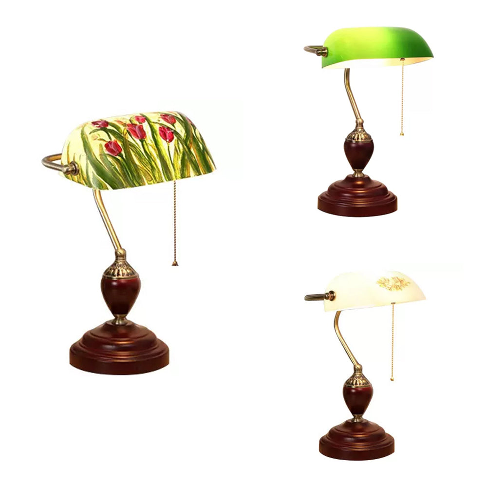 Traditional Style Rollover Shade Banker Lamp 1 Light Green/Red/White Glass Banker Desk Lamp with Pull Chain for Bedroom