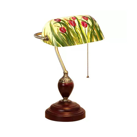 Traditional Style Rollover Shade Banker Lamp 1 Light Green/Red/White Glass Banker Desk Lamp with Pull Chain for Bedroom