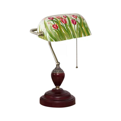 Traditional Style Rollover Shade Banker Lamp 1 Light Green/Red/White Glass Banker Desk Lamp with Pull Chain for Bedroom