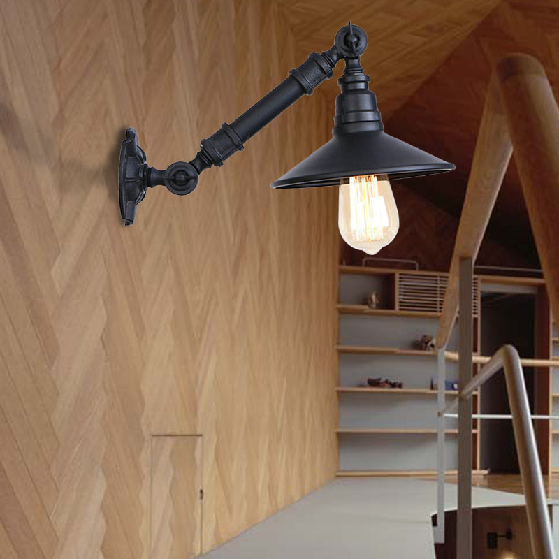 Metal Conical Wall Mounted Light with Adjustable Arm Retro Industrial 1 Head Corridor Sconce Lamp in Black