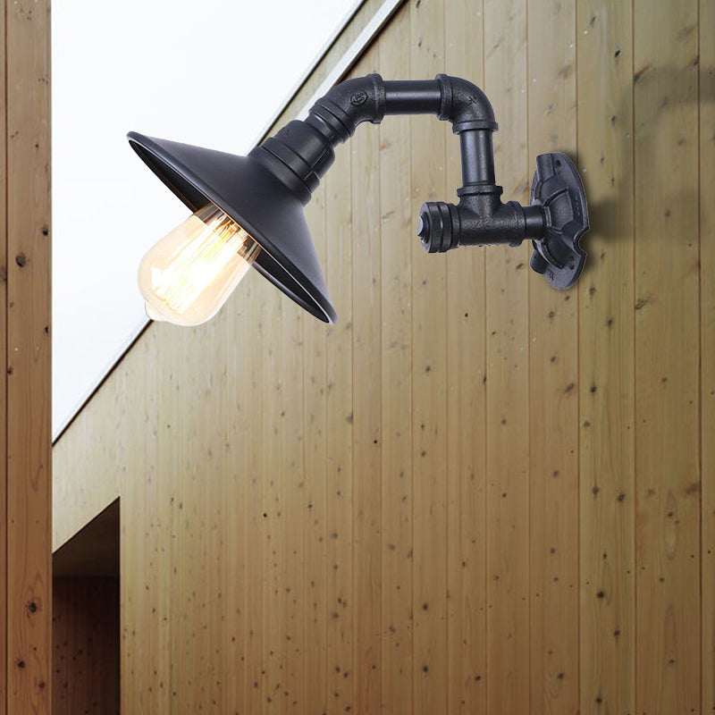 Matte Black Piped Wall Mount Light with Cone Shade Industrial Metal 1 Head Corridor Wall Lighting