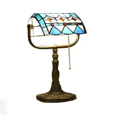 Blue/Orange 1 Light Table Lamp Tiffany Stylish Stainless Glass Rollover Shade Bankers Table Lamp with Pull Chain