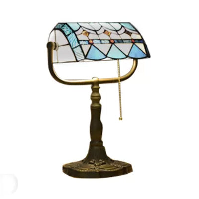 Blue/Orange 1 Light Table Lamp Tiffany Stylish Stainless Glass Rollover Shade Bankers Table Lamp with Pull Chain