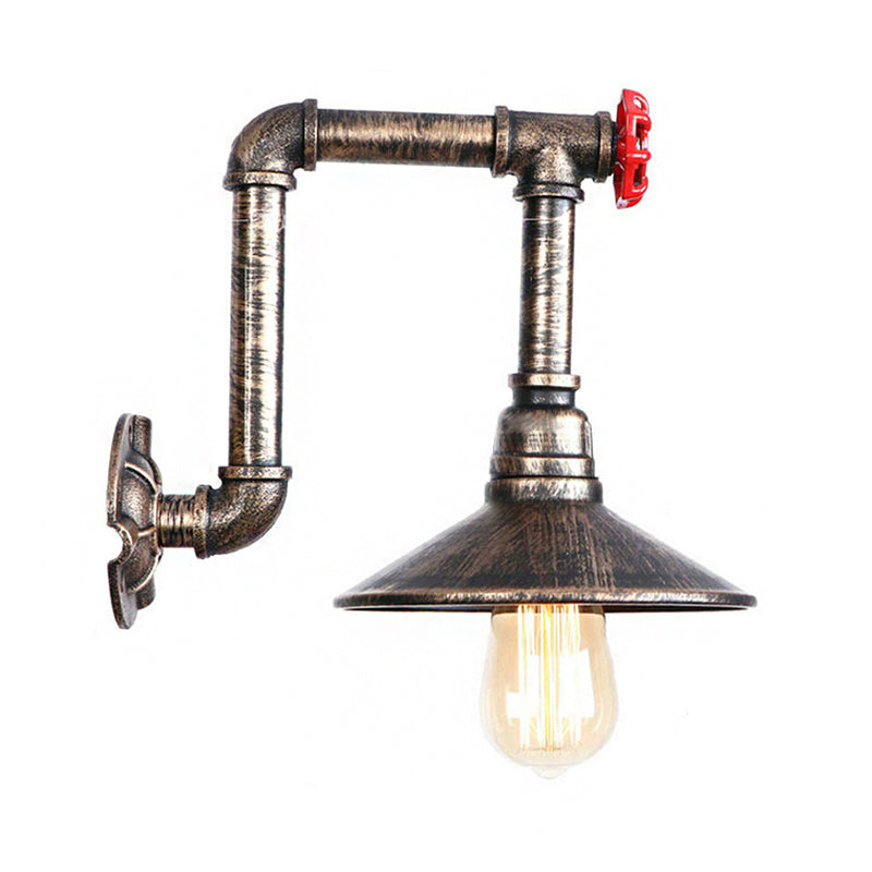 Metallic Saucer Wall Lamp Fixture Warehouse 1 Bulb Corridor Wall Mount Light with Red Valve and Pipe in Antique Bronze
