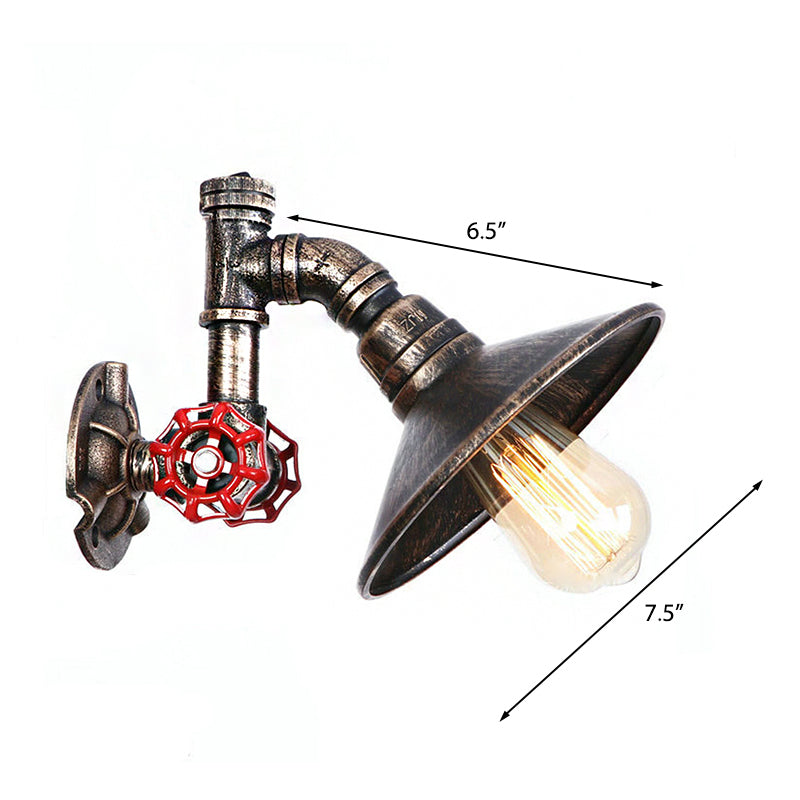 Metallic Flared Shade Wall Sconce Lighting with Pipe and Valve Rustic 1 Light Corridor Wall Lamp in Aged Bronze