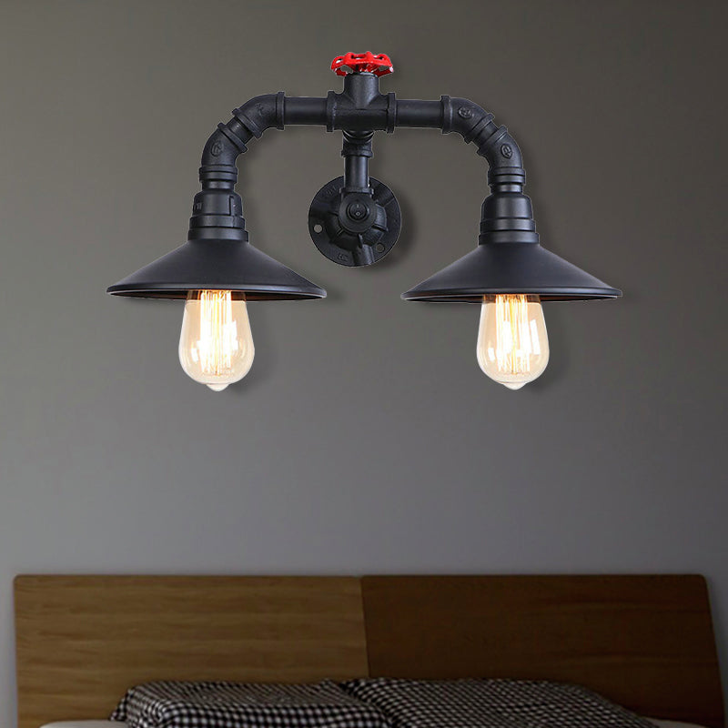 Black Plumbing Pipe Wall Lighting with Red Valve Rustic Industrial Metallic 2 Light Stairway Wall Sconce Light