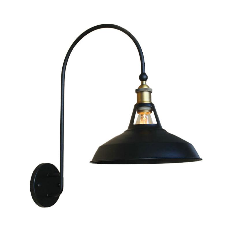 Retro -Stil Scheune/sich verjüngter Schatten Wandleuchte 10 "/14" W 1 LICHT METALLIC SCHLAFTE LELLEN mit gewölktem Arm in Schwarz