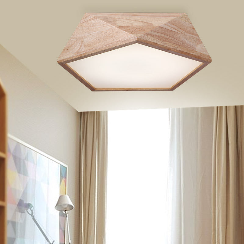 Geometric LED Lighting Fixture Modern Wooden 1-Light Living Room Flush Mount Ceiling Lamp, 15"/19" Wide